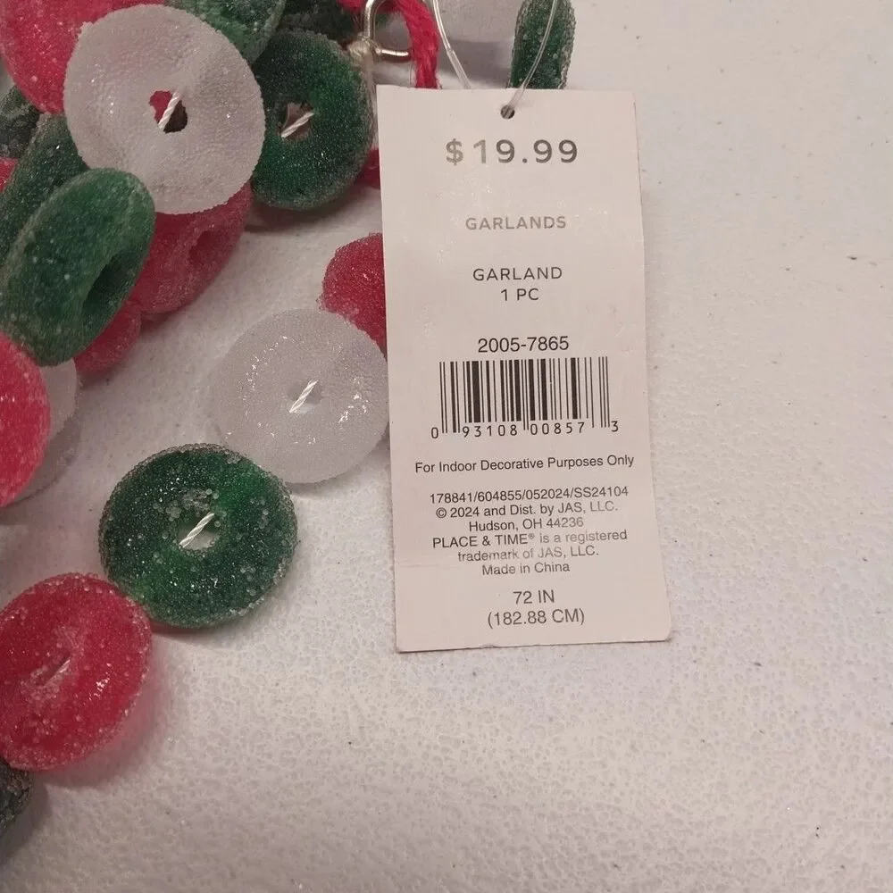 Place & Time Sugared Candy Christmas Garland Red Green White 72in Holiday Decor